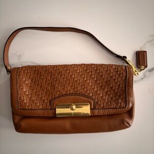 Coach Kristin Brown Saddle Woven Leather Flap Wristlet